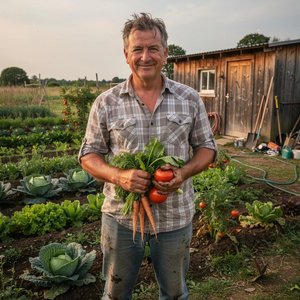 Zeleninový zahradní stůl s čerstvě sklízenou zeleninou a bylinkami.