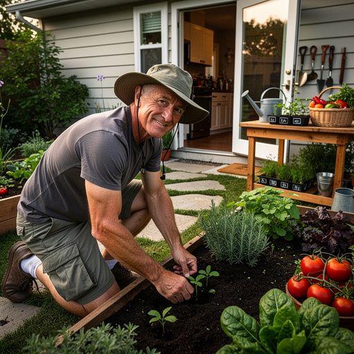 Obrázek veselého zahradníka sbírajícího zeleninu na slunném poli.